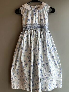 Rare Editions White Dress with Blue Floral Print and Smocked Waist